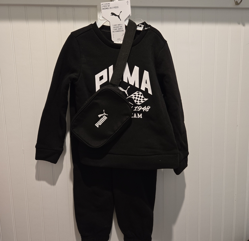 PUMA Boys Size 6 3-Piece Black Tracksuit Set Sweatshirt Joggers Crossbody Bag